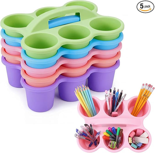 5 Pack 6 Compartment Classroom Caddy 12 x 9 x 5 Inches Macaron Classroom Caddy Organizer with Handle Plastic Table Caddys for Table Crayon Pencil Cup Marker Craft Art Office Desk