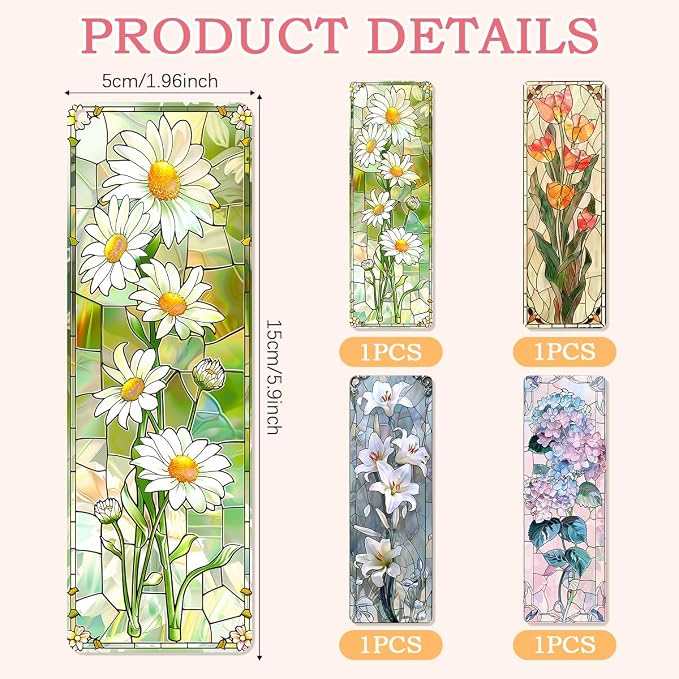 4 Pcs Stained Glass Art Bookmarks for Reading Women, Flower Transparent PVC Bookmark with Tassels, Cute Book Accessories, Unique Book Marks for Bookish, Birthday Christmas Gift