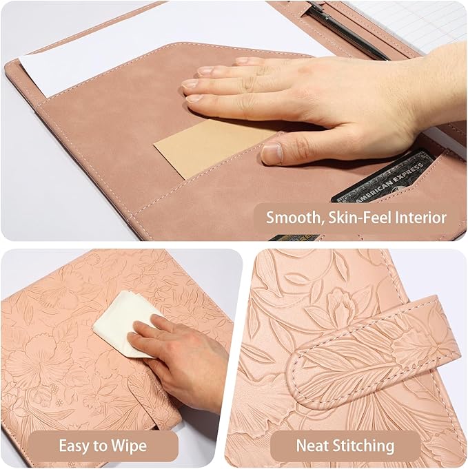 Professional Padfolio Portfolio Binder, Textured Embossing Faux Leather Folder Organizer for Letter Size Legal Pad Notepad Resume, Card Holder for Women Men Business Office Conference (Beige)