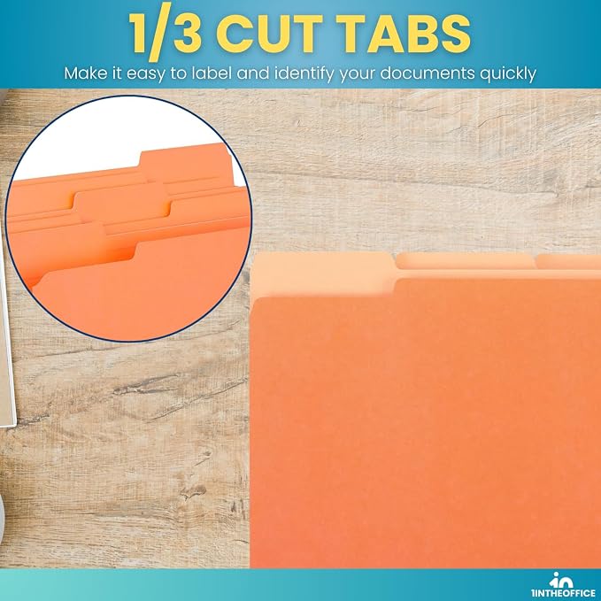 1InTheOffice Orange File Folder, Durable Folder, File Folder Letter Size, 1/3 Cut Assorted Tab, 24 pcs (24)
