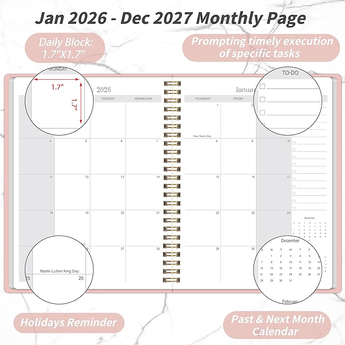 2026-2027 Monthly Planner - 2 Year Monthly Planner 2026-2027, Hard Cardboard Cover, Jan 2026 - Dec 2027, 7.5" x 10", 2 Year Calendar with 24 Month, Twin-wire Binding, Note Pages