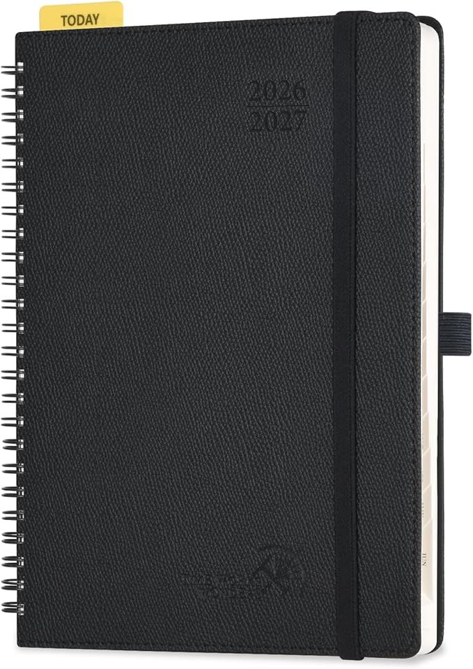 POPRUN 2026-2027 Academic Weekly Planner, 6.75" x 8.75" Horizontal Daily Book Calendar, July 2026 to June 2027, Softcover Appionment Book with Monthly Tabs, Spiral Bound, Inner-Pocket - Black