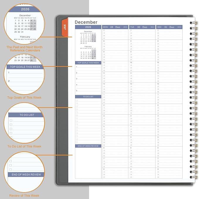 2026 Weekly Appointment Book - Daily Hourly Planner 2026, January 2026 - December 2026, 8.5" x 11", 15-Minute Interval, 12 Monthly Tabs, Flexible Soft Cover - Grey