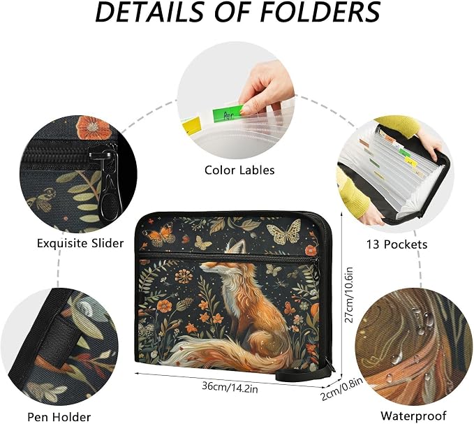ALAZA Vintage Fox Butterfly Flowers Expanding Filing Folder, 13 Pockets Expandable Document Organizer Folder with Zipper Closure for Home Office A4 Letter Size Paper Document