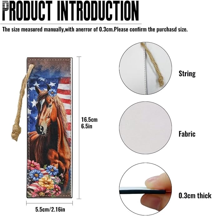 Bookmark 2 PCS Leather Bookmarks for Women, Men, Book Lovers Horse American Flag Flower Page Markers for Students Teachers Reading Bookmarks Accessories for Book Lovers