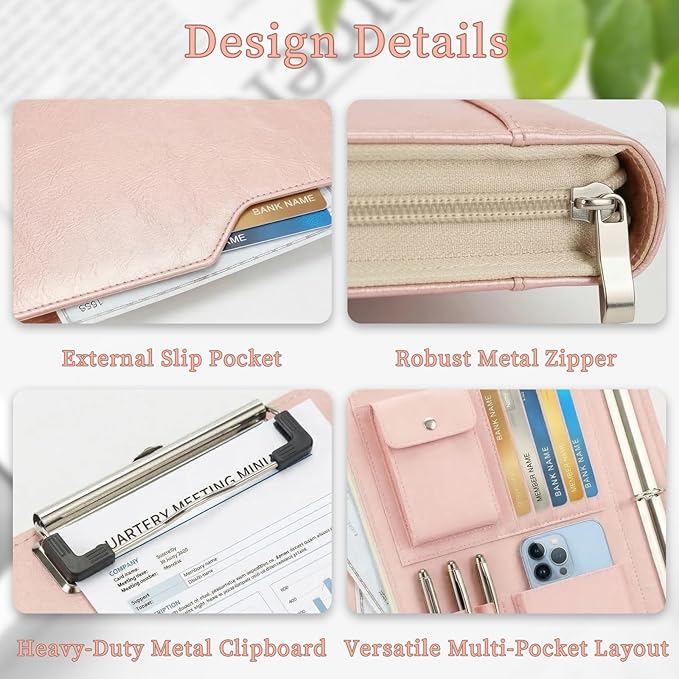 Zippered Padfolio with 3-Ring Binder & Clipboard, PU Leather Portfolio Organizer for Men Women, A4 Document Holder with Phone Pocket Pen Loops Card Slots, Professional Business Folder Rose Gold