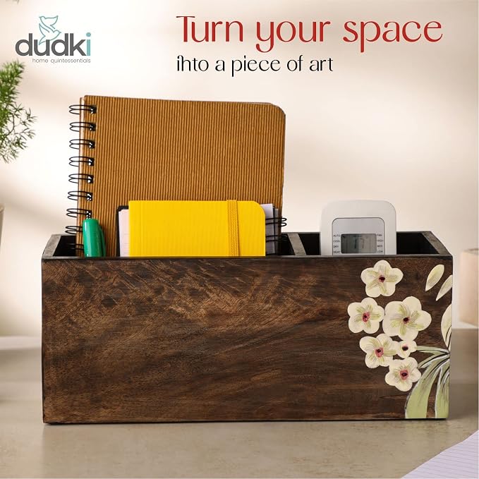 dudki 2 Compartment Floral Design Wooden Desk organizer caddy For Multipurpose stationary Storage Pen Stand Accessories With 2 Slots, Wooden, Classy looking dining table décor