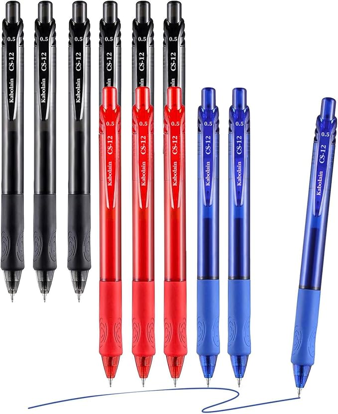 12 Pack Gel Ink Pens, 0.5mm Retractable Ballpoint Pens(Black/Blue/Red), Fine Point Smooth with Soft Grip, Office School Supplies for Writing Men/Teacher