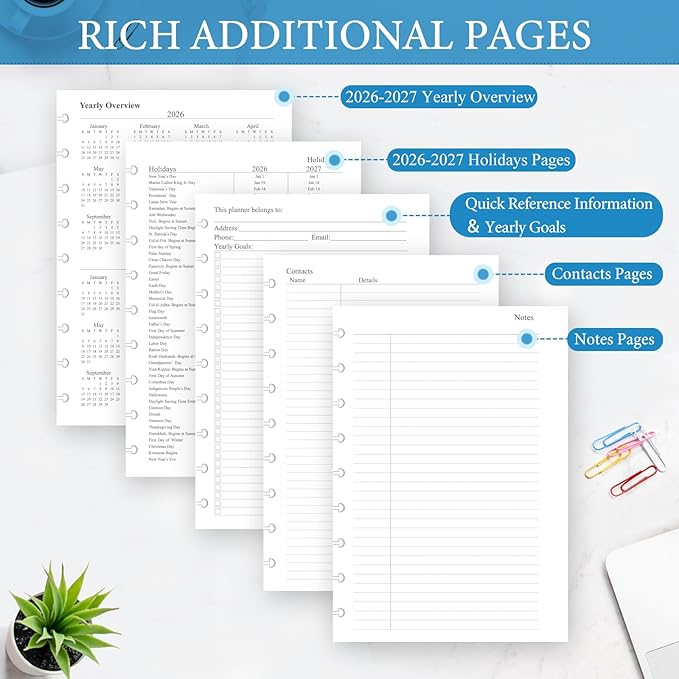 2026-2027 Monthly Planner Refill, Planner Inserts for 9-Disc Discbound Planner, 7" x 9.8", Jul. 2026 - Dec. 2027, 18 Monthly Calendars with Laminated Tabs