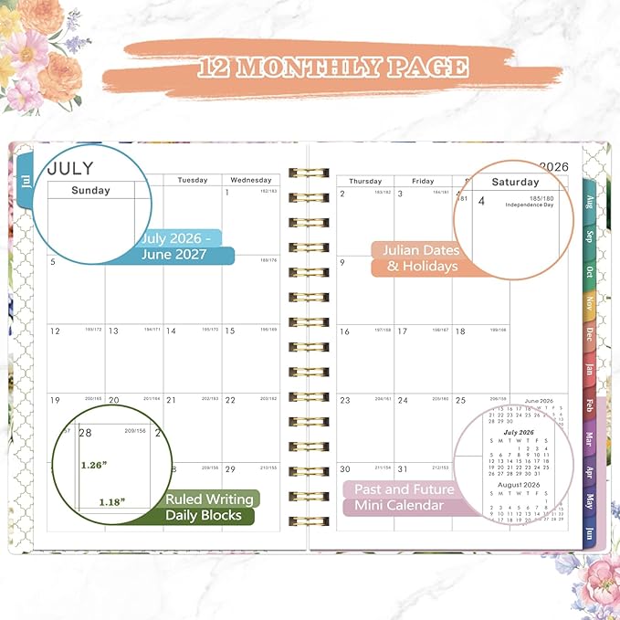 Planner 2026-2027 - Academic Planner 2026-2027, July 2026 - June 2027 Planner Weekly and Monthly Academic Year Planner Calendar, 8.4" x 6.3"，Colorful Tabs, Elastic Closure, Back Pocket, Floral