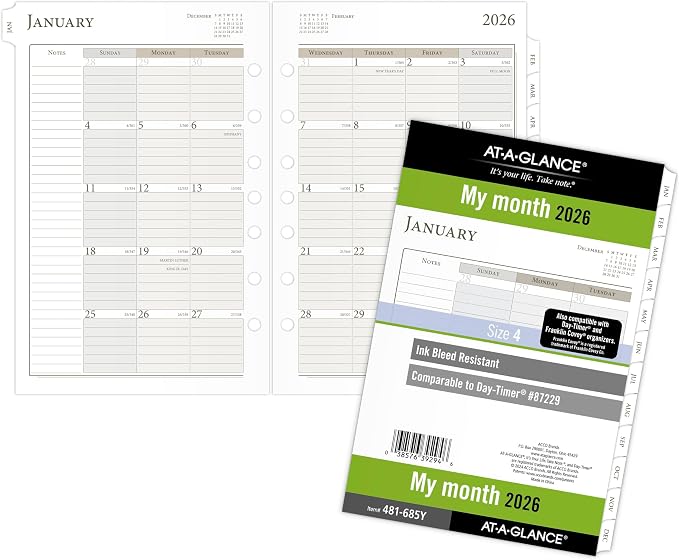 AT-A-GLANCE 2026 Planner Refill, Monthly, 5-1/2" x 8-1/2", Desk Size 4, Loose-Leaf, Ruled Blocks (481-685Y-26)