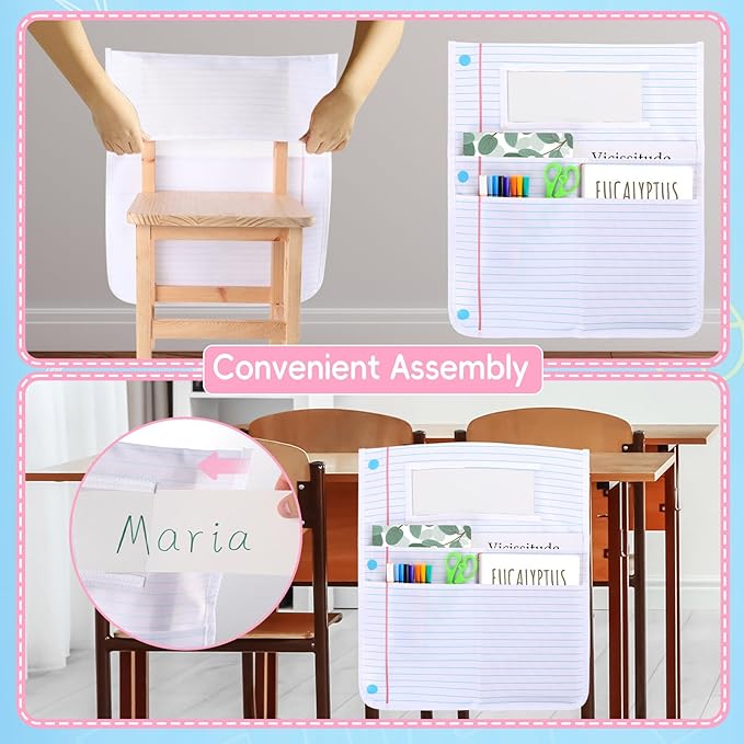 gisgfim 24Pcs Notebook Chair Pockets for Classroom Notebook Chair Back Buddy Pocket with Name Tags 17x20In Chairs Organizer 3 Pockets Seat Storage Pocket for School Classroom Daycare Home Supplies