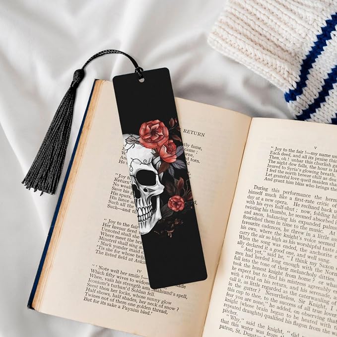Skull and Flowers Double-Sided Printed Wooden Bookmarks 5Pcs, Cool Notebook Accessories Birthday Presents for Men Women Presents for Book Lovers (5 Piece Set)