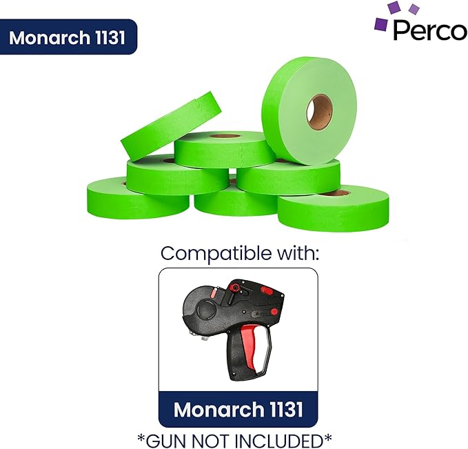 Perco Fluorescent Green Pricing Labels for Monarch 1131 8 Sleeves, 64 Rolls Value Pack - 160,000 Labels with Ink Rolls Included