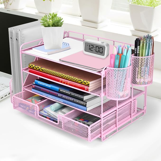 ATOMUS 4 Tier Desk Organizer, File Organizer Drawer Organizer with 2 Hanging Pen Holders Accessories & Workspace Organizers for Office Supplies Pull-Out Design (Pink)