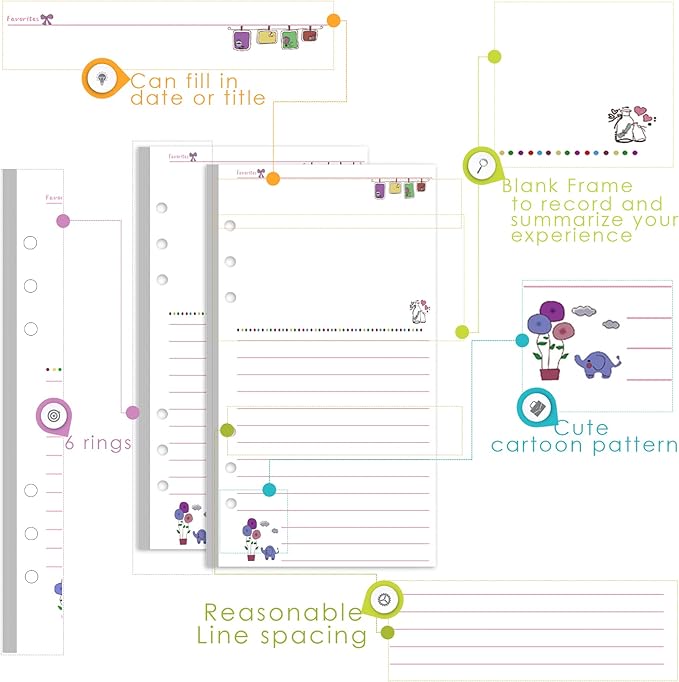 Rancco A6 Planner Inserts Lined Paper, Colorful 90 Page 6-Ring Memo Refills Loose-leaf Refill Paper w/Zipper Pouch, Binder Dividers, Ruler, Index Tab for Planner Journal Dairy, Double-sided, 6.9x3.7"