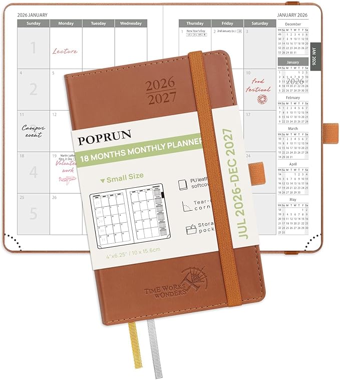 POPRUN Pocket Monthly Planner 2026-2027 (Pocket- 4''x 6.25''Soft Leather Cover) - 18 Month Calendar Book for Purse (Jul.2026-Dec.2027), 100 GSM Thick Paper - Brown