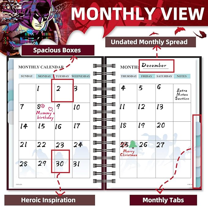 Batman 2026 Planner – Superhero Undated Daily Weekly & Monthly Planner with Calendar & Holiday Tracker, Monthly Tabs, Habit Tracker, 12 Months Spiral Agenda Book for Office School Gift Supplies