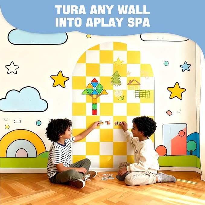Magnetic Chalkboard Wall Decal 24''x40'' Arch - Removable Reusable Peel and Stick (No Wall Damage) Extra Strong Magnetism - Easy Clean Chalkboard for Home Office Playroom (Yellow White Checker)