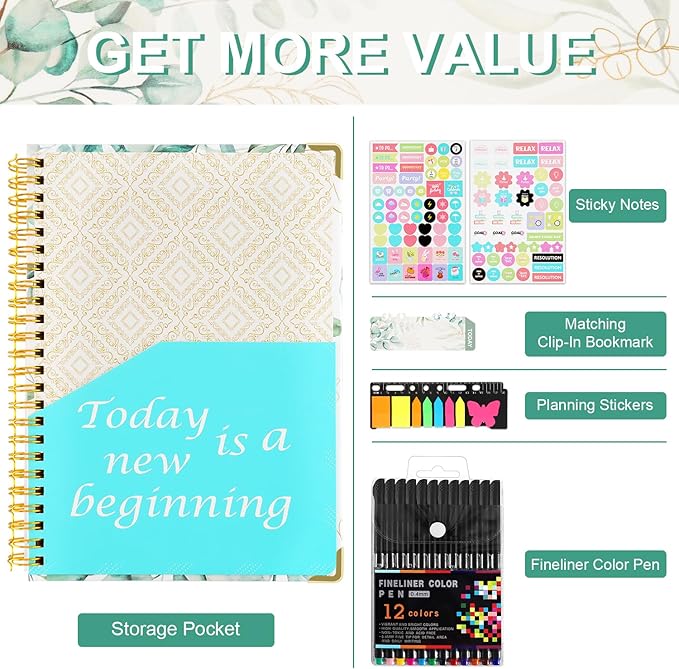 2026 Planner, Daily Weekly Monthly Planner with Tabs, 2026 monthly planner with Color Pen, Sticky Notes and Stickers, 6.2" x 8.5", Durable Twin Wire Binding, Storage Pocket -Eucalyptus Leaves Green