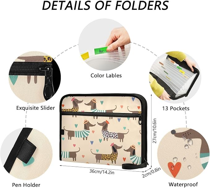 13 Pockets Expanding File Folder Dachshunds in Dress with Sticky Labels Accordion File Folder Document Organizer Letter Size A4 Papers Expandable File Keeper