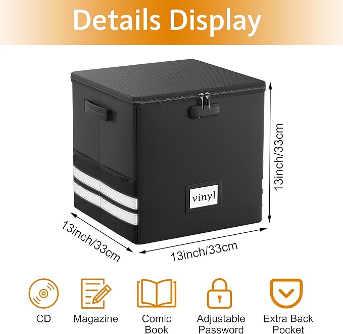 Onvvippiv Vinyl Record Storage Box with Lock, Fireproof Waterproof Resistant Organizer for 100+ 12-Inch Records - Collapsible Storage Box with Handles for Album Collection - Black