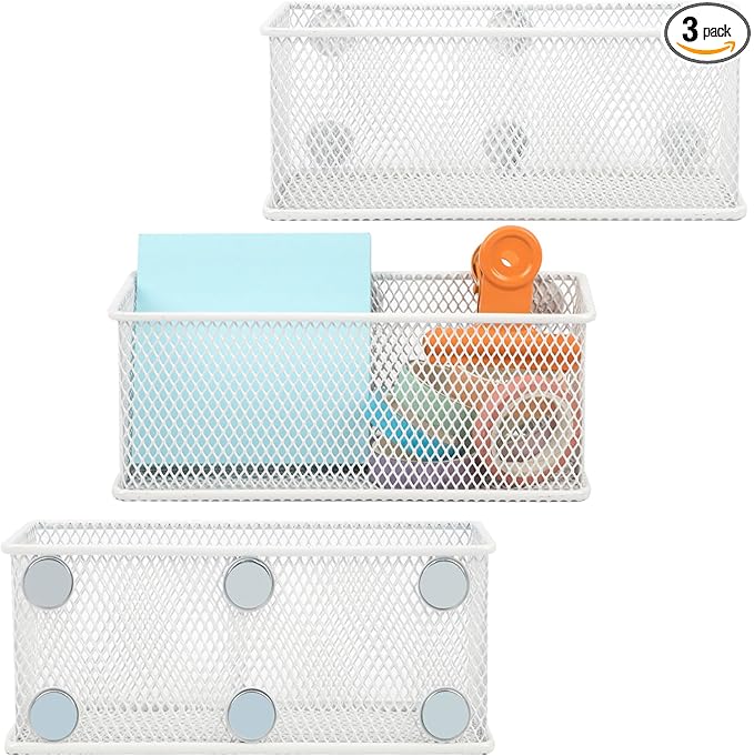 EASEPRES Magnetic Pencil Holder Set of 3 - Wire Mesh Storage Baskets Organizer with Strong Magnets - Perfect for Whiteboard, Refrigerator and Locker Accessories, White