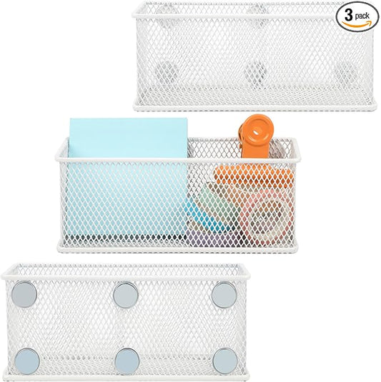 EASEPRES Magnetic Pencil Holder Set of 3 - Wire Mesh Storage Baskets Organizer with Strong Magnets - Perfect for Whiteboard, Refrigerator and Locker Accessories, White