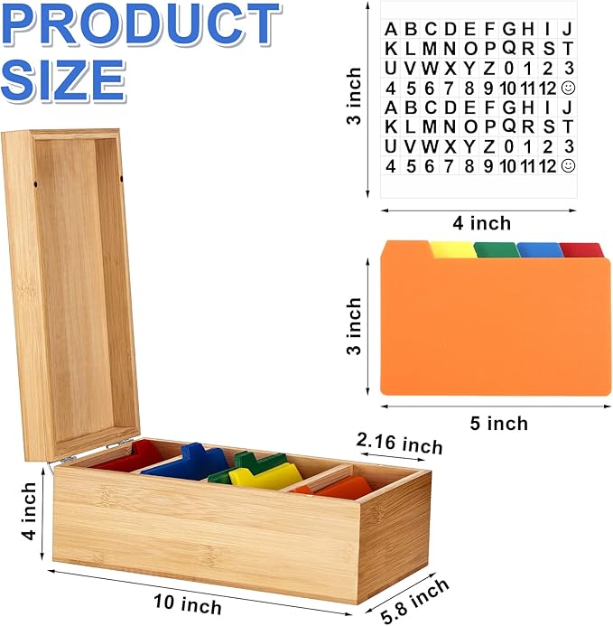 Henoyso 3 x 5 Inch Index Card Holder Set, Bamboo Organizer Box with 50 Dividers & 2 Sheets Alphabet Number Stickers File Note Holders, Holds 1200 Cards for Office Business Home Kitchen, Wooden Color