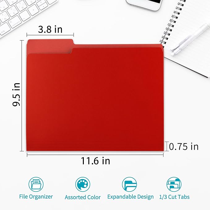 Two-Tone File Folder 8.5 x 11 Inch,100 Pack Red File Folders,1/3 Cut Tabs File Folder Letter Size,Colored File Folders,Manila File Folders for Office,School and Home,Organization