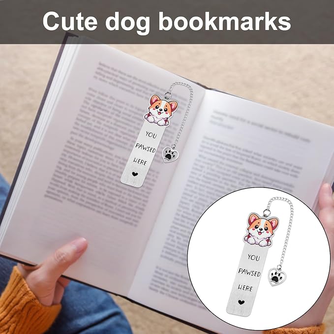 Dog Book Markers, Zinc Alloy You Pawsed Here Bookmark Cute Dog Mom Gifts Funny Reading Accessory for Men Women (Corgi)