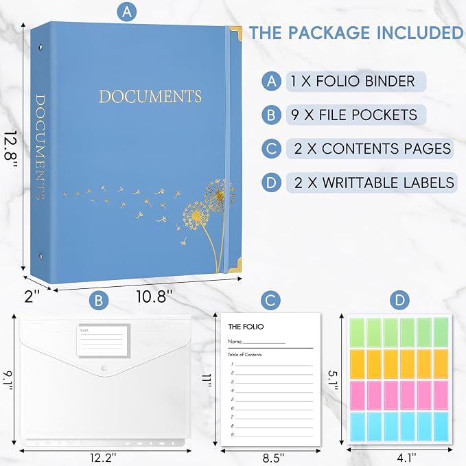 XKDOUS Important Document Organizer Emergency Binder Life Organizer Folio Folders with 9 Pockets Expanding File Storage Holder for Papers, Letters, Cards, Bills, Passports, Photos