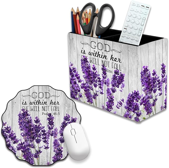 Pen Holder and Anti-Slip Mouse Pad Combination, Makeup Brush Storage Box, Tableware Storage Box, Suitable for Office and Home - Lavender Psalm 46:5