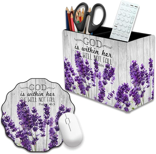 Pen Holder and Anti-Slip Mouse Pad Combination, Makeup Brush Storage Box, Tableware Storage Box, Suitable for Office and Home - Lavender Psalm 46:5