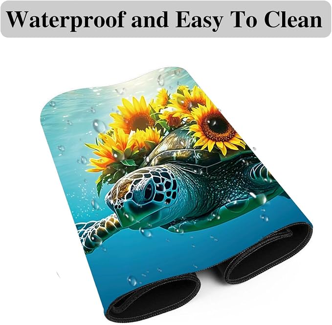 Mouse Pad Gaming Mousepad 31.5x11.8 Inch XXL Large + Coasters,Desk Mat with Stitched Edges, Non-Slip Rubber Base, Thick Mouse Pad for Computer, Laptop, Office & Home - Turtle Sunflower