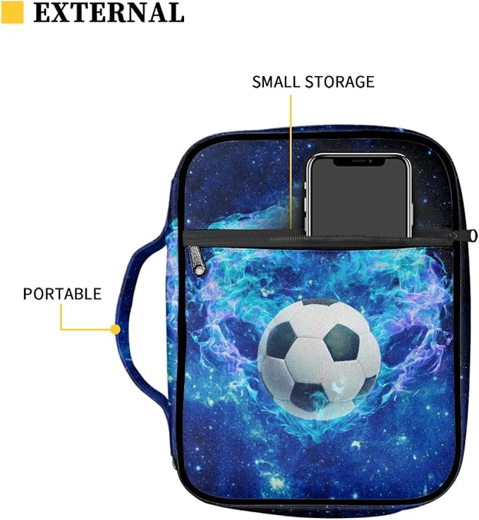 Coldinair Galaxy Soccer Love Print Bible Cover Case with Zip Pockets and Handle,Portable Church Bag Bible Study Tote Book Cover for Men Teens Kids