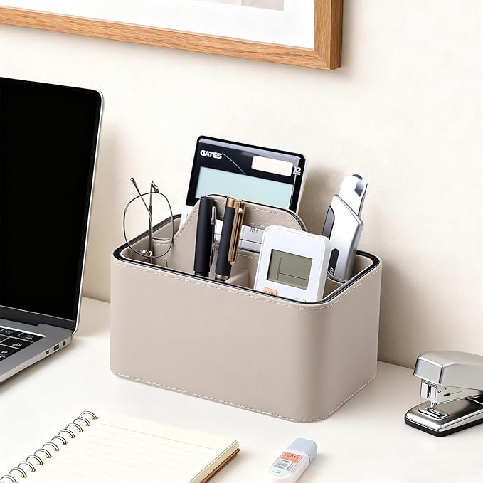 Caddy Organizer with Handle, PU Leather Remote Control Holder Desk Caddy, Portable Makeup Remote Organizer for Table, Nightstand, Office (Beige)