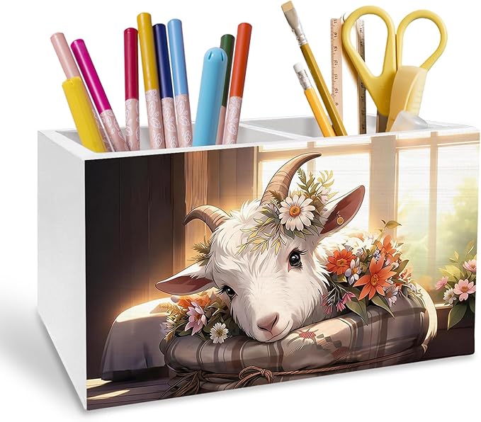 Farmhouse Floral Goat Pen Holder for Desk, Goat Lover Gifts Pencil Organizer, Rustic Cottagecore Lamb Wooden Box Sign Desk Decor for Home Office Decoration