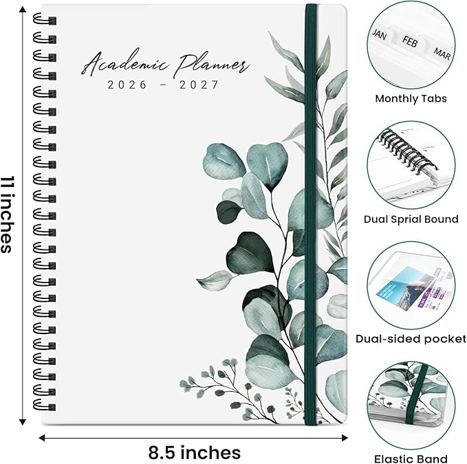 Academic Planner 2026-2027, Weekly and Monthly Calendar Book, July 2026 – June 2027, Hardcover Planner with Tabs, Perfect for Teachers, Students, Women & Men, A4 (8.5" x 11") - Leaf