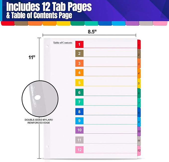 Tab Dividers for 3 Ring Binders – 6 Sets, 1–12 Numbered Index Dividers with Table of Contents – 8.5 x 11 in, 3-Hole Punched – Binder Dividers for School, Office, Filing, Organizing - 6 Pack