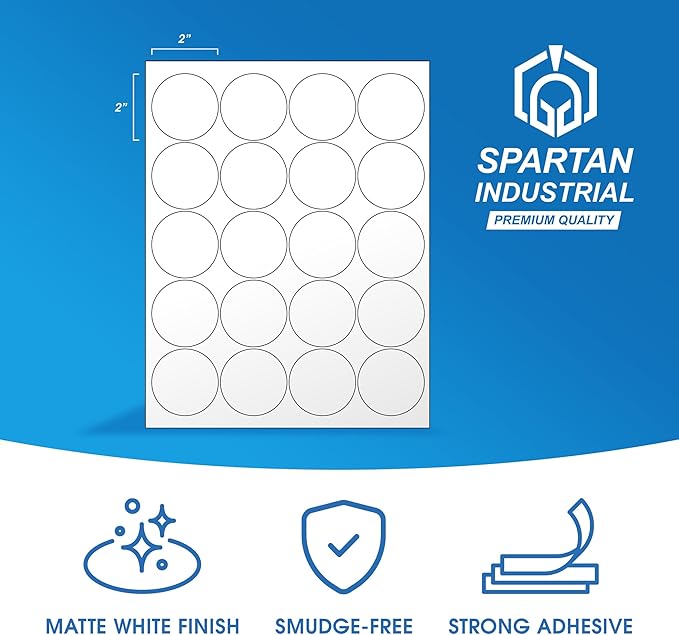 2" Printable Round Labels for Laser and Inkjet Printers - 2000 Blank Labels, 100 Sheets for Thank You Stickers, Price Tags, QR Codes, Business Logos - Spartan Industrial Template C004