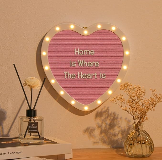 Heart-Shaped Felt Letter Board with Built-in LED Lights,10x10 Light-up Message Board with 663 Pre-Cut Letters,Cursive letters for Valentine’s Day Birthday Party,Pregnancy Announcement,Wedding