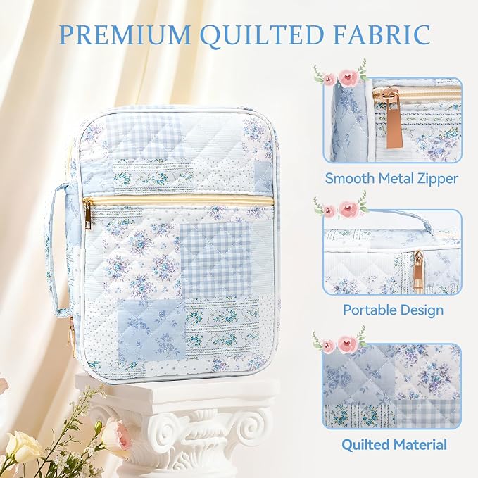Bible Cover Case for Women Large Quilted Bible Carrying Bag with Handles Bible Study Supplies & Accessories Christian Gifts for Women(Cotton-Blue Patchwork, M)