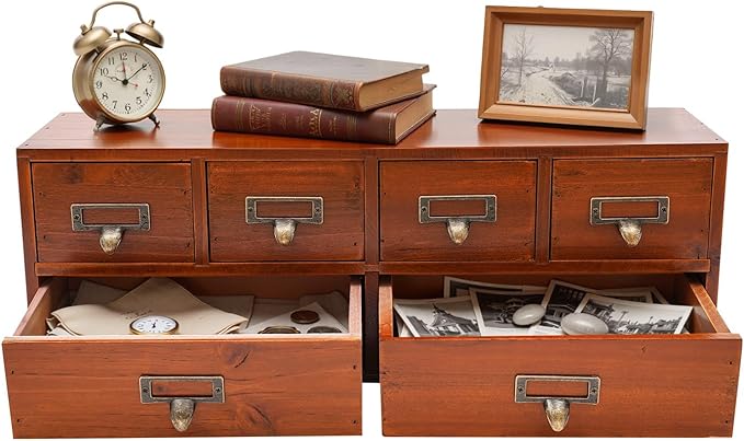 6 Vintage Desktop Storage Cabinet, Vintage Desktop Organizer Wood Desktops Organizers Library Card Catalog Cabinet with Metal Handles & Label Slot for Herb Storage Tea Collection Stationery Jewelry