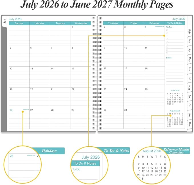2026-2027 Planner - Planner 2026-2027 from July 2026 - June 2027 with 12 Monthly Tabs, Flexible Cover, Inner Pocket, 8.5" x 11", Grey-C