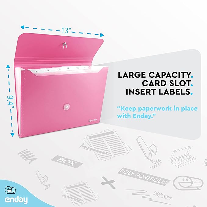 Accordion File Organizer Pink, 7 Pocket Expanding File and Cover Folder with Labels, Plastic Portable Desktop Letter A4 Paper, Also Available in Red, Purple, Green, Blue, Grey, 1 Pc – By Enday