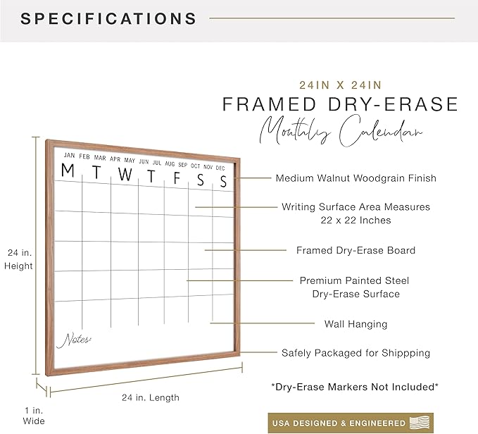 MCS Dry Erase Calander 24x24 Walnut Framed Monthly Calendar for The Wall, Stay Organized with Family Planner for Appointments, Sports, Events & More