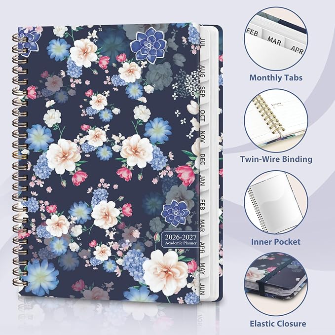 Academic Planner 2026-2027, Weekly and Monthly Agenda Planner, Daily Calendar Planning Notebook (July 2026 - June 2027), School Teacher Student Supplies, Blue Flower