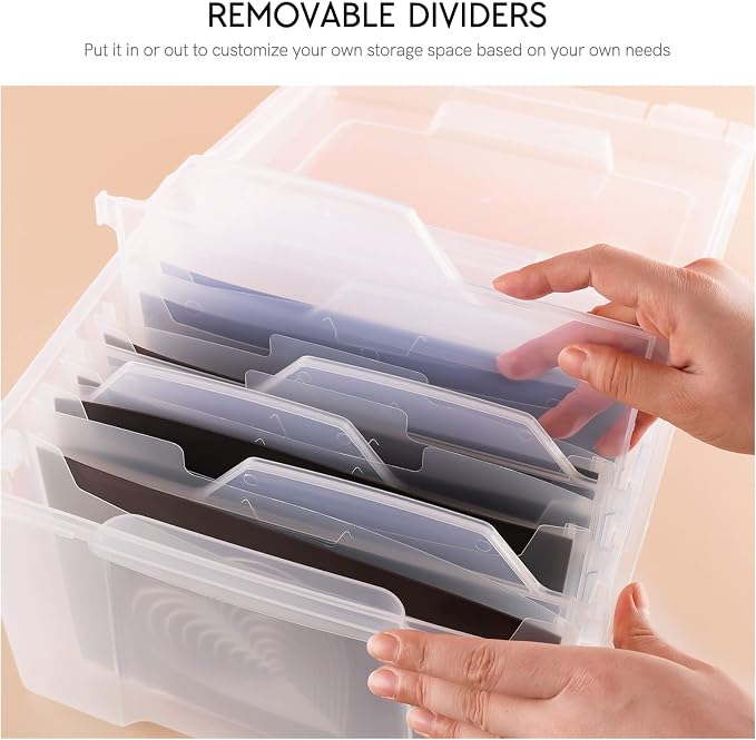 Briartw Clear Plastic Storage Box with Snap Closure lid - Stackable Organizer File Box with 6 Dividers & 10 Labels for Home Office Craft Supplies, 7.6"H x 10.6"L x 9.17"W