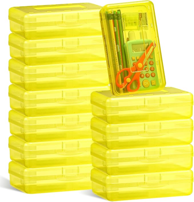 Leelosp 12 Pack Clear Pencil Boxes for School Bulk, Large Plastic Pencil Case with Lid, Stackable Hard Crayon Storage Box for Classroom Kids, Desk Drawer Organizer for Office Home(Yellow)